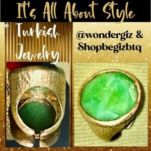 🆕Turkish Jewelry Ring In Gold Bath Over Metal With Stunning Green Chatee Stone